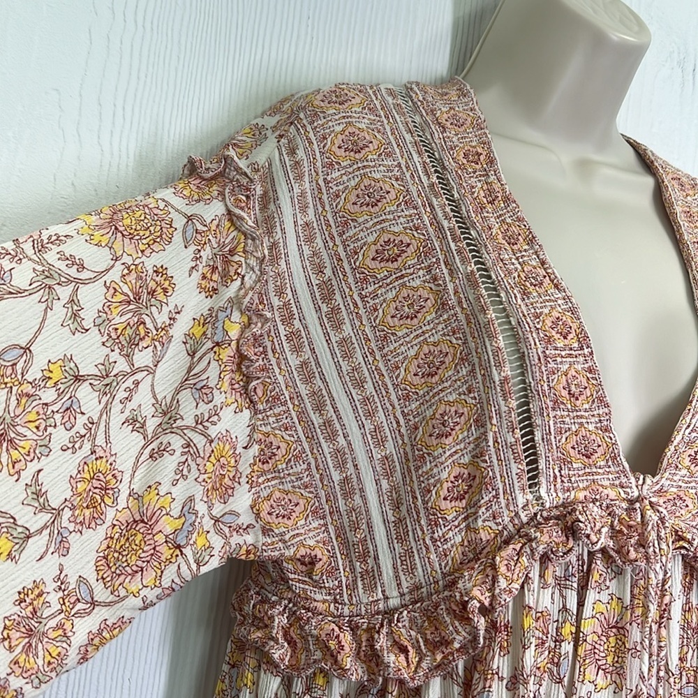 Free People - Moonlight Dance Floral V Neck Boho 3/4 Sleeve Blouse Size Small - Picture 5 of 12